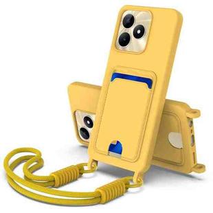 For Realme Narzo N53 / Note 50 4G Integrated Card Bag Solid Color Liquid Silicone Phone Case Gen2 with Short Lanyard(Yellow)
