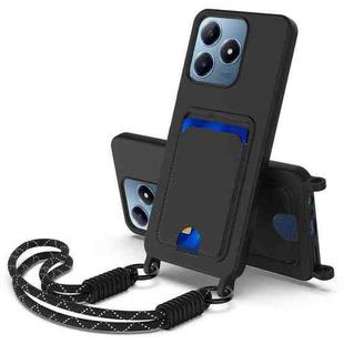 For Realme Note 60 / C63 4G / C61 4G Integrated Card Bag Solid Color Liquid Silicone Phone Case Gen2 with Short Lanyard(Black)