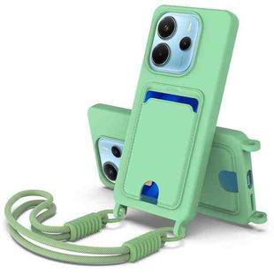 For Redmi Note 14 4G 163.25mm Integrated Card Bag Solid Color Liquid Silicone Phone Case Gen2 with Short Lanyard(Green)