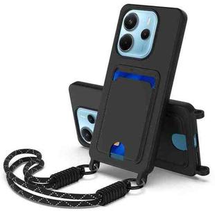 For Redmi Note 14 4G 163.25mm Integrated Card Bag Solid Color Liquid Silicone Phone Case Gen2 with Short Lanyard(Black)