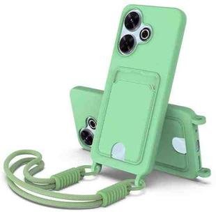 For Redmi 13 4G / 13 5G / Note 13R 5G Integrated Card Bag Solid Color Liquid Silicone Phone Case Gen2 with Short Lanyard(Green)