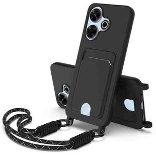 For Redmi 13 4G / 13 5G / Note 13R 5G Integrated Card Bag Solid Color Liquid Silicone Phone Case Gen2 with Short Lanyard(Black)