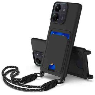 For Redmi 13C 4G / 13C 5G / 13R 5G Integrated Card Bag Solid Color Liquid Silicone Phone Case Gen2 with Short Lanyard(Black)