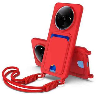 For Redmi A3 4G / A3x 4G / Poco C61 Integrated Card Bag Solid Color Liquid Silicone Phone Case Gen2 with Short Lanyard(Red)