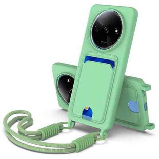 For Redmi A3 4G / A3x 4G / Poco C61 Integrated Card Bag Solid Color Liquid Silicone Phone Case Gen2 with Short Lanyard(Green)