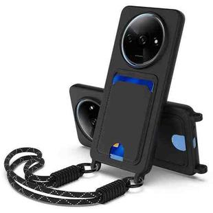 For Redmi A3 4G / A3x 4G / Poco C61 Integrated Card Bag Solid Color Liquid Silicone Phone Case Gen2 with Short Lanyard(Black)