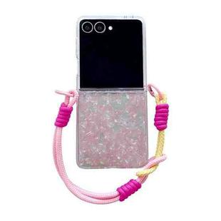 For Samsung Galaxy Z Flip7 5G Pearlescent Shell Texture Side Buckle Phone Case with Rainbow Bracelet(Pink Green)