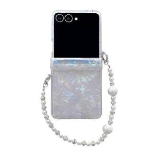 For Samsung Galaxy Z Flip7 5G Three Parts Pearlescent Shell Texture Phone Case with Bracelet(Beige)
