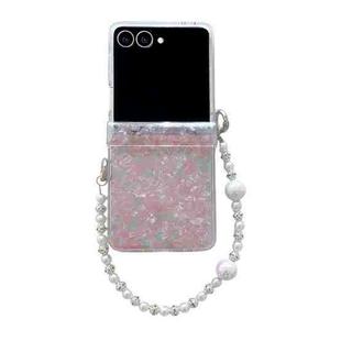 For Samsung Galaxy Z Flip7 5G Three Parts Pearlescent Shell Texture Phone Case with Bracelet(Pink Green)
