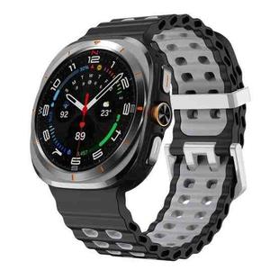 For Samsung Galaxy Watch Ultra / Ultra 2025 Ocean Two Color Dual-Row Hole Silver Buckle Silicone Watch Band(Black Grey)