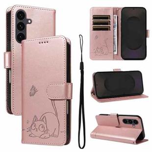 For Samsung Galaxy S25 FE 5G Adorable Cat Embossed Pattern Flip Leather Phone Case(Rose Gold)