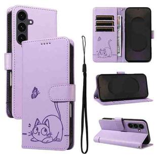 For Samsung Galaxy S25 FE 5G Adorable Cat Embossed Pattern Flip Leather Phone Case(Purple)