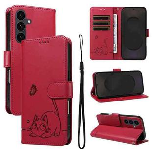For Samsung Galaxy S25 FE 5G Adorable Cat Embossed Pattern Flip Leather Phone Case(Red)