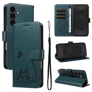 For Samsung Galaxy S25 FE 5G Adorable Cat Embossed Pattern Flip Leather Phone Case(Dark Green)