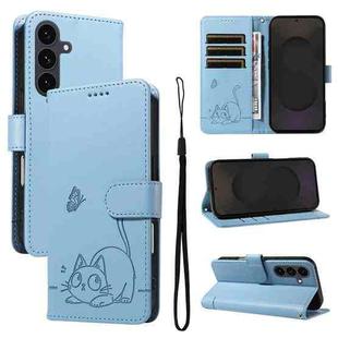 For Samsung Galaxy S25 FE 5G Adorable Cat Embossed Pattern Flip Leather Phone Case(Sky Blue)