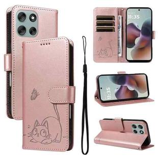 For Motorola Moto G56 5G Adorable Cat Embossed Pattern Flip Leather Phone Case(Rose Gold)