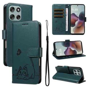 For Motorola Moto G56 5G Adorable Cat Embossed Pattern Flip Leather Phone Case(Dark Green)