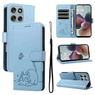 For Motorola Moto G56 5G Adorable Cat Embossed Pattern Flip Leather Phone Case(Sky Blue)