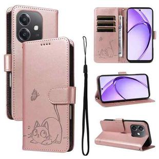 For OPPO A5x 5G Global Adorable Cat Embossed Pattern Flip Leather Phone Case(Rose Gold)