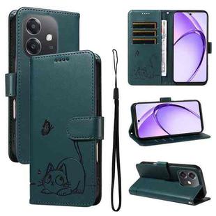 For OPPO A5x 5G Global Adorable Cat Embossed Pattern Flip Leather Phone Case(Dark Green)
