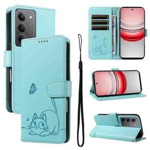 For Realme 14x 5G Global Adorable Cat Embossed Pattern Flip Leather Phone Case(Green)