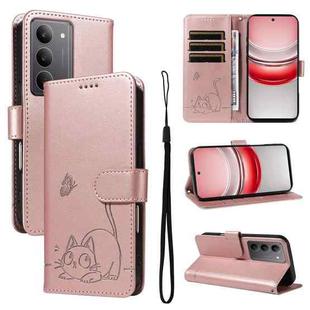 For Realme 14x 5G Global Adorable Cat Embossed Pattern Flip Leather Phone Case(Rose Gold)
