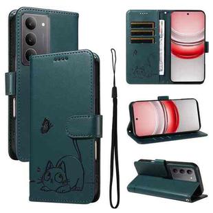 For Realme 14x 5G Global Adorable Cat Embossed Pattern Flip Leather Phone Case(Dark Green)