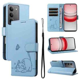 For Realme 14x 5G Global Adorable Cat Embossed Pattern Flip Leather Phone Case(Sky Blue)
