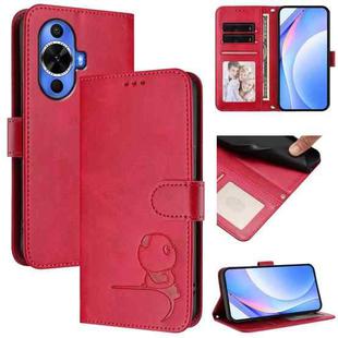 For Huawei nova 12s Litter Panda Embossing RFID Leather Phone Case with Lanyard(Rose Red)