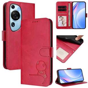 For Huawei P60 Art Litter Panda Embossing RFID Leather Phone Case with Lanyard(Rose Red)