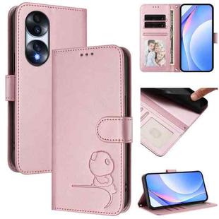 For Honor 70 Pro Litter Panda Embossing RFID Leather Phone Case with Lanyard(Pink)