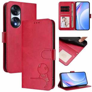 For Honor 70 Pro Litter Panda Embossing RFID Leather Phone Case with Lanyard(Rose Red)