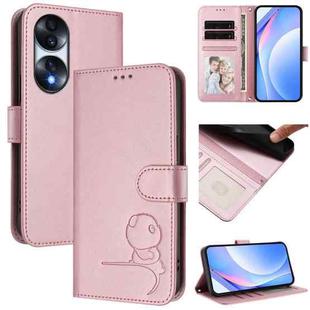 For Honor 70 Litter Panda Embossing RFID Leather Phone Case with Lanyard(Pink)