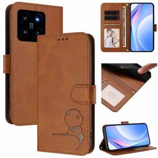 For Xiaomi 14 Litter Panda Embossing RFID Leather Phone Case with Lanyard(Brown)