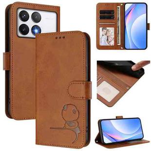 For Xiaomi Poco F6 Pro Litter Panda Embossing RFID Leather Phone Case with Lanyard(Brown)