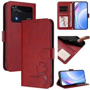 For Xiaomi Poco M4 Pro 4G Litter Panda Embossing RFID Leather Phone Case with Lanyard(Wine Red)