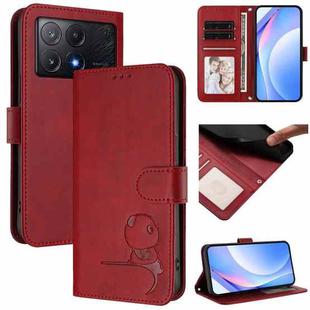 For Xiaomi Poco X6 Pro Litter Panda Embossing RFID Leather Phone Case with Lanyard(Wine Red)