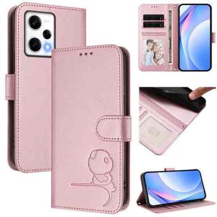 For Redmi Note 12 Pro 5G Global / India Litter Panda Embossing RFID Leather Phone Case with Lanyard(Pink)