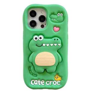For iPhone 16 Pro Cartoon 3D Love Crocodile Holder Silicone Phone Case(Green)