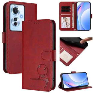 For OPPO Reno11 F 5G Global Litter Panda Embossing RFID Leather Phone Case with Lanyard(Wine Red)