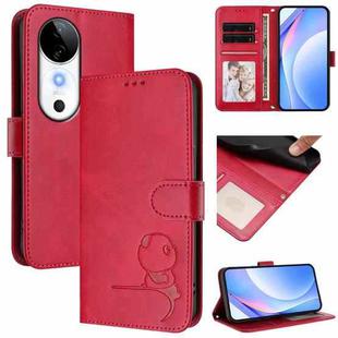 For vivo S19 Litter Panda Embossing RFID Leather Phone Case with Lanyard(Rose Red)