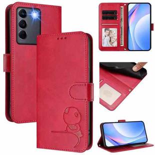 For vivo V27 / V27 Pro Litter Panda Embossing RFID Leather Phone Case with Lanyard(Rose Red)
