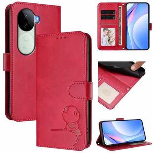 For vivo V40e / iQOO Z9s Litter Panda Embossing RFID Leather Phone Case with Lanyard(Rose Red)