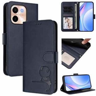 For vivo Y28 4G Litter Panda Embossing RFID Leather Phone Case with Lanyard(Blue)