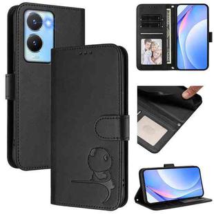 For vivo Y56 / Y16 / Y02s Litter Panda Embossing RFID Leather Phone Case with Lanyard(Black)