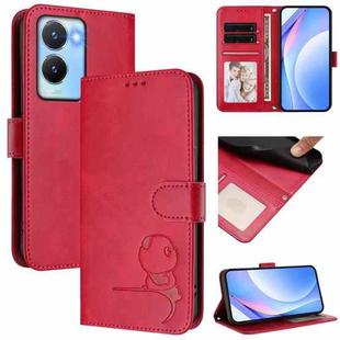 For vivo Y56 / Y16 / Y02s Litter Panda Embossing RFID Leather Phone Case with Lanyard(Rose Red)