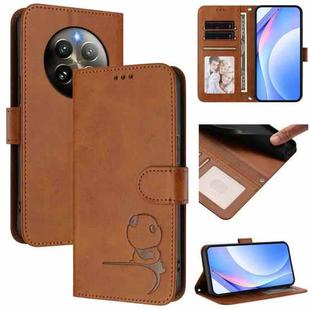 For Realme 13 4G / 12 4G / 12+ / P1 Litter Panda Embossing RFID Leather Phone Case with Lanyard(Brown)