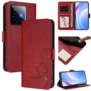For Realme GT7 5G India Litter Panda Embossing RFID Leather Phone Case with Lanyard(Wine Red)