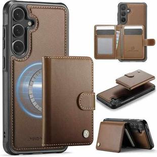 For Samsung Galaxy S24 FE 5G JEEHOOD J09 Buckle Card Bag MagSafe Magnetic Style RFID Leather Phone Case(Brown)