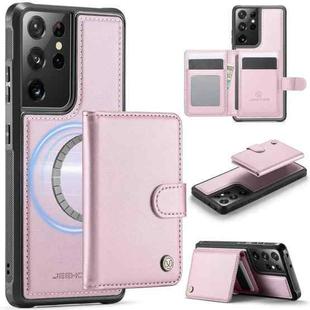 For Samsung Galaxy S21 Ultra 5G JEEHOOD J09 Buckle Card Bag MagSafe Magnetic Style RFID Leather Phone Case(Pink)